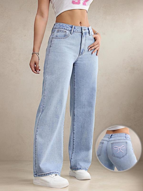 Women's Bow Embroidered  Straight Leg Jeans, Casual Pocket Button Fly Denim Trousers for Daily Wear, Ladies Bottoms for All Seasons
