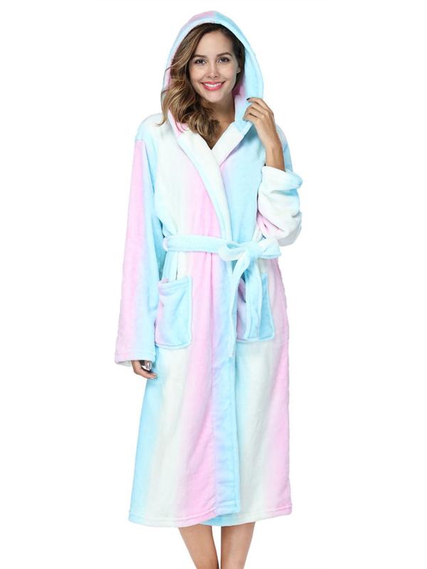 Women's All Over Print Flannel Hooded Robe, Fashion Dual Pocket Drop Shoulder Belted Bathrobe, Women's Sleepwear & Loungewear for Fall & Winter, Fall Wear, Fallfreshness
