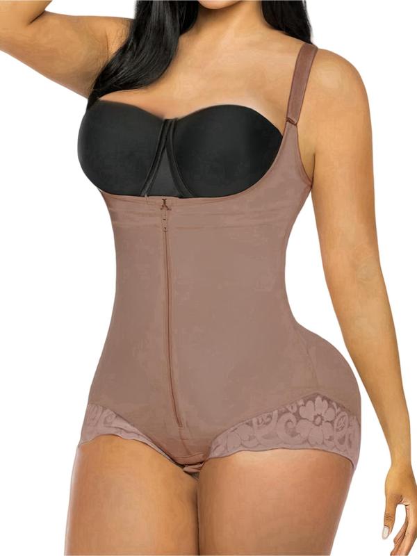 Women's Solid Contrast Lace Zipper Shapewear Bodysuit, High Stretch Tummy Control Butt Lifting Shaper, Ladies Shapewear for Daily Wear