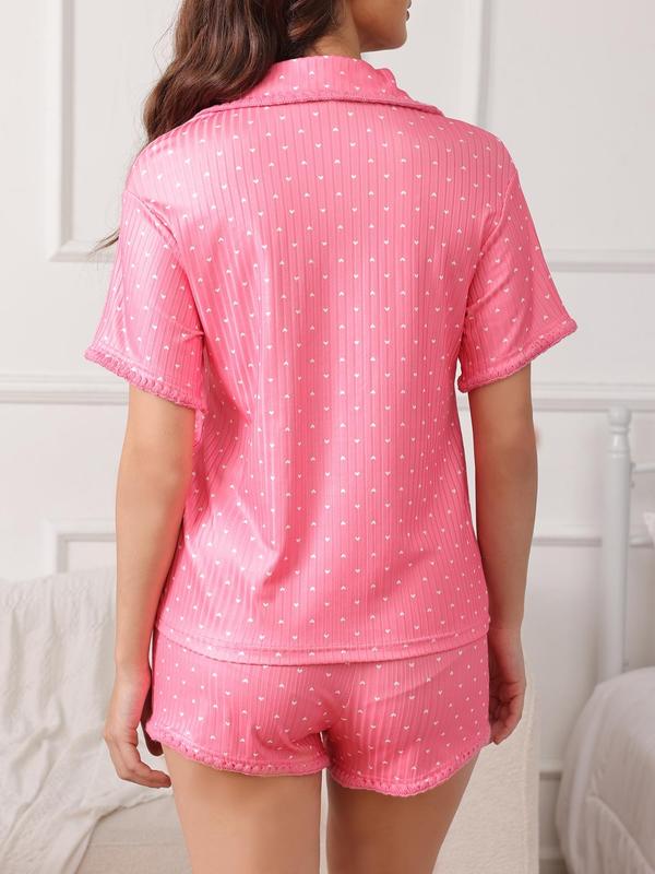 Two-Piece Set Women's Heart Print Contrast Binding Pajama Set, Casual Button Front Sleep Top & Elastic Waist PJ Shorts, Summer Wear, Women's Sleepwear & Homewear
