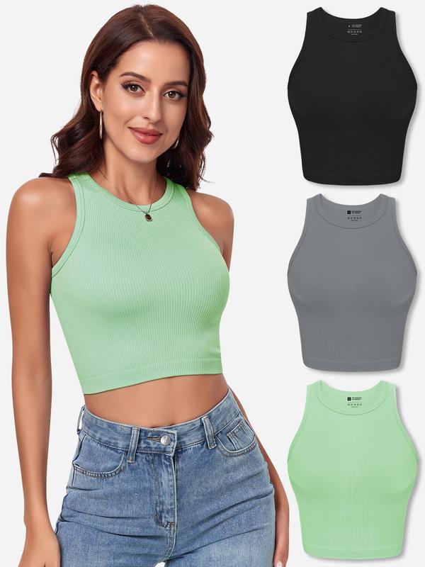 Women's 3pcs Solid Ribbed Crop Shapewear Tank Top, Casual Basic Seamless Sleeveless Shapewear Top for Daily Wear, Ladies Clothes for All Seasons, Summer Wear 2024, Tank Tops for Women, Women's Tops,  Body Shapewear
