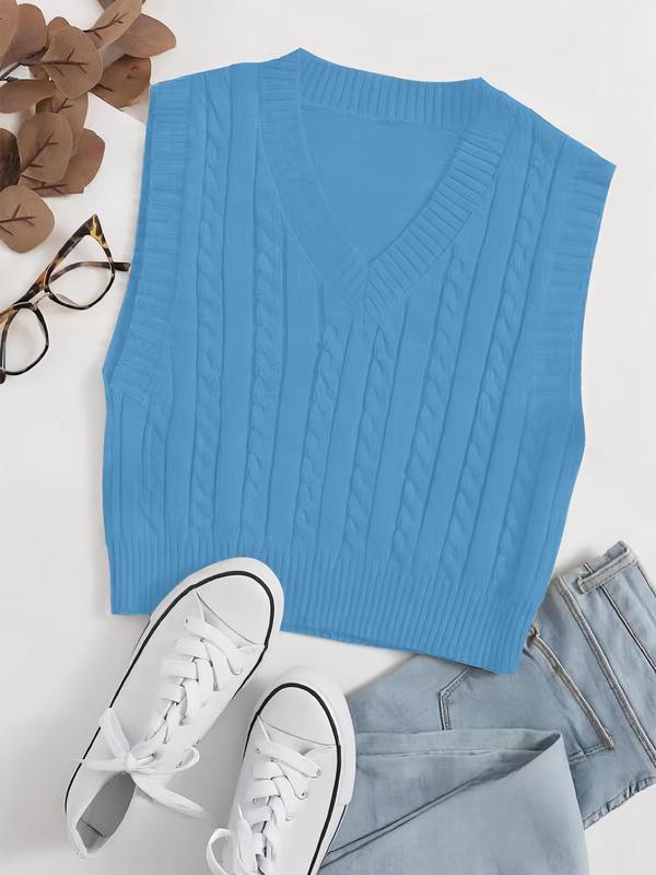 Women's Textured V Neck Sweater Vest, Casual Solid Color Sleeveless Knit Top for Spring & Fall, Fashion Women's Knitwear for Daily Wear