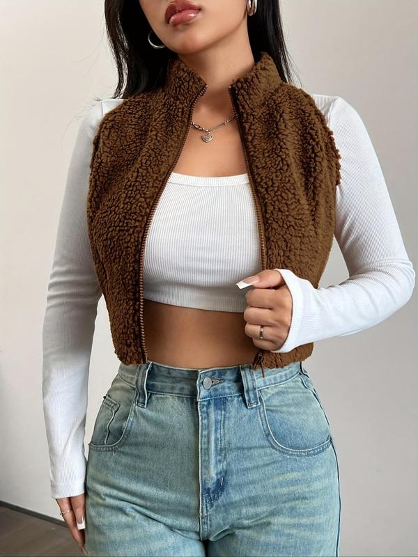 Women's Solid Zip Up Fuzzy Vest Jacket, Casual Sleeveless Mock Neck Outerwear for Daily Wear, Ladies Clothes for All Seasons