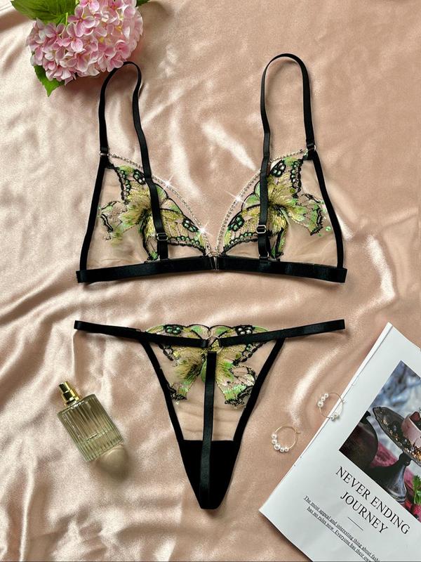 Women's Butterfly Embroidery Ring Linked Sheer Sexy Lingerie Set, Elegant Romantic Chain Decor Bra & Thong Set, Women's Lingerie & Underwear for All Seasons