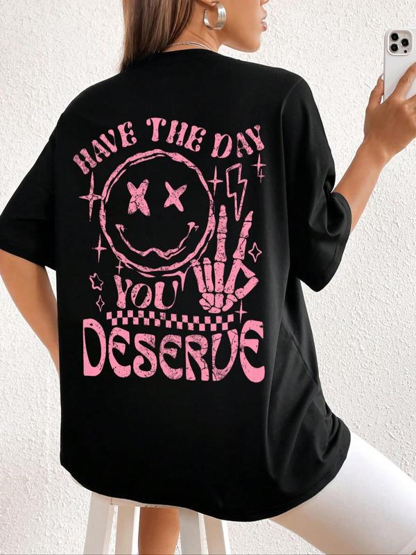 Women's Cartoon & Letter Print Drop Shoulder Tee, Fashion Casual Crew Neck T-shirt for Daily Holiday Vacation Outdoor Wear, Summer Outfits, Back To School Graphic Tees, Ladies Teen Girls Clothes Tops, Summer Tees