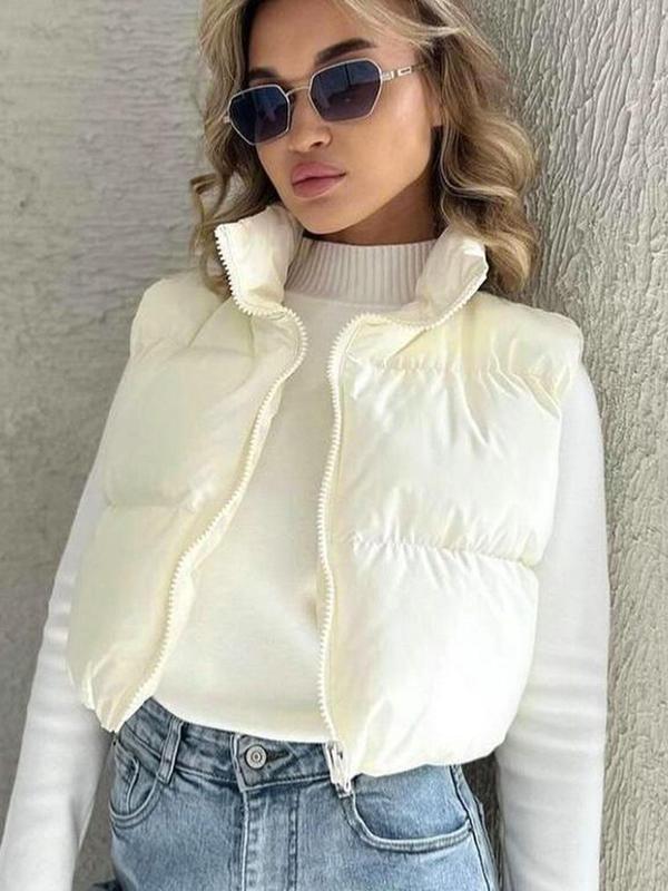 Women's Solid Zip Up Crop Puffer Vest, Casual Stand Collar Sleeveless Outerwear for Fall & Winter, Ladies Clothes for Daily Wear