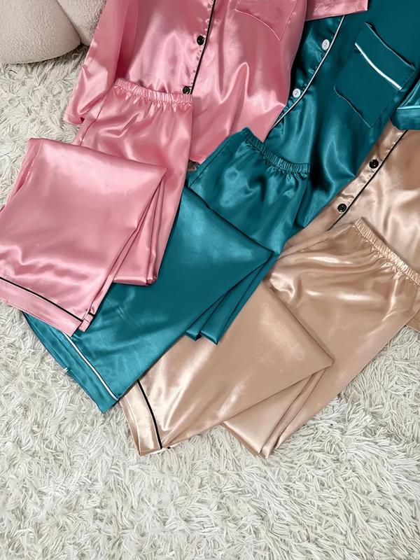 Women's Contrast Binding Lapel Shirt & Elastic Waist Pants Satin Pyjama Set, Casual Comfy Short Sleeve Pocket Button Up Top & Elastic Waist Long Trousers PJ Set, Ladies Sleepwear for All Seasons