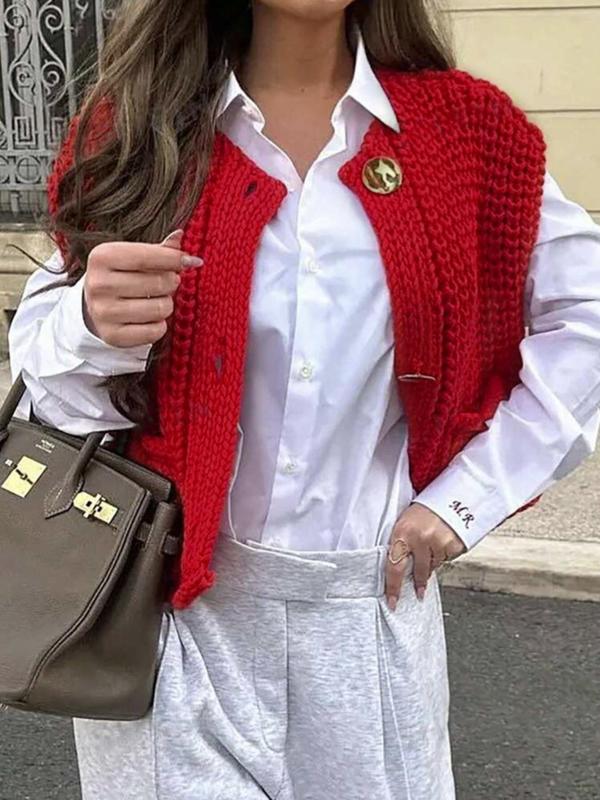 Women's Plain Button Front Pocket Sweater Vest, Casual Round Neck Sleeveless Knitwear for Spring & Fall, Fashion Women's Knit Clothing for Daily Wear