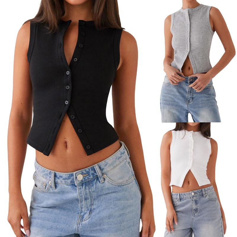 Women Button Down Tank Vest Casual Slim Fit Sleeveless Ribbed Knit Shirt Y2k Going Out Crewneck Tank Crop Tops