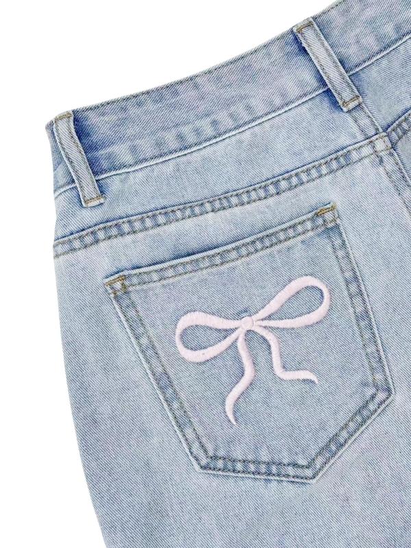 Women's Bow Embroidered  Straight Leg Jeans, Casual Pocket Button Fly Denim Trousers for Daily Wear, Ladies Bottoms for All Seasons