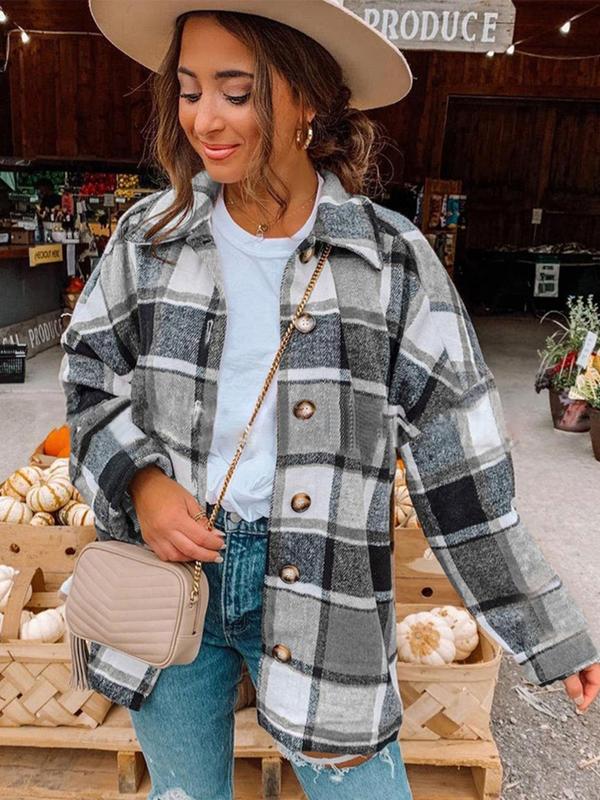 Women's Plaid Print Button Front Drop Shoulder Coat, Casual Fashion Jackets, Chic Comfort Longsleeves Collared Button Up Outerwear for Fall, Lady Clothing for Daily Wear, Womenswear, Downtown Girl Clothes