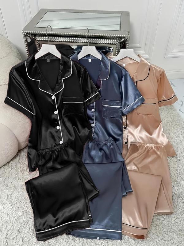 Women's Contrast Binding Lapel Shirt & Elastic Waist Pants Satin Pyjama Set, Casual Comfy Short Sleeve Pocket Button Up Top & Elastic Waist Long Trousers PJ Set, Ladies Sleepwear for All Seasons
