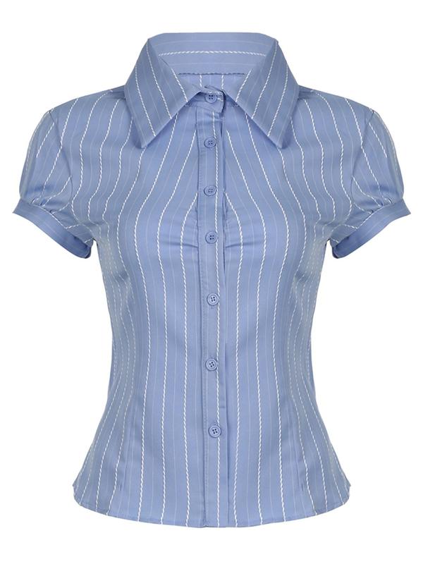 Women's Striped Print Button Front Blouse, Casual Short Sleeve Collar Shirt for Summer, Ladies Clothes for Daily Wear