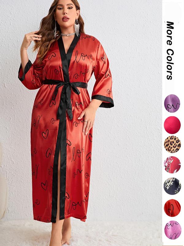 Women's Leopard Print Contrast Binding Robe, Fashion Pumpkin Printed Belted Stretch Satin Long Dressing Gown for Women, Satin Robe, Women Nightwear, Casual Ladies Sleepwear for All Seasons