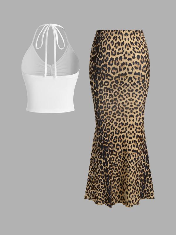 YOZY [4 colors, size 4-14] Ruched Halter Crop Top & Tie Dye Print Maxi Skirt Dress Set  Spaghetti Strap Backless Top & Elastic Waist Lettuce Trim Mermaid Skirt, 2024 Women's Holiday & Vacation Wear for Summer, [S-XXL]