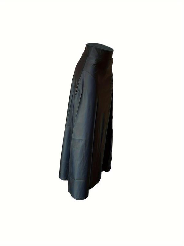  Solid Split Thigh Zipper Back PU Leather Skirt, Elegant Fashion High Waist Long Skirt for Party Club Dating, Women's Clothing for All Seasons
