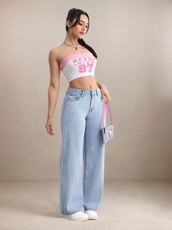 Women's Bow Embroidered  Straight Leg Jeans, Casual Pocket Button Fly Denim Trousers for Daily Wear, Ladies Bottoms for All Seasons