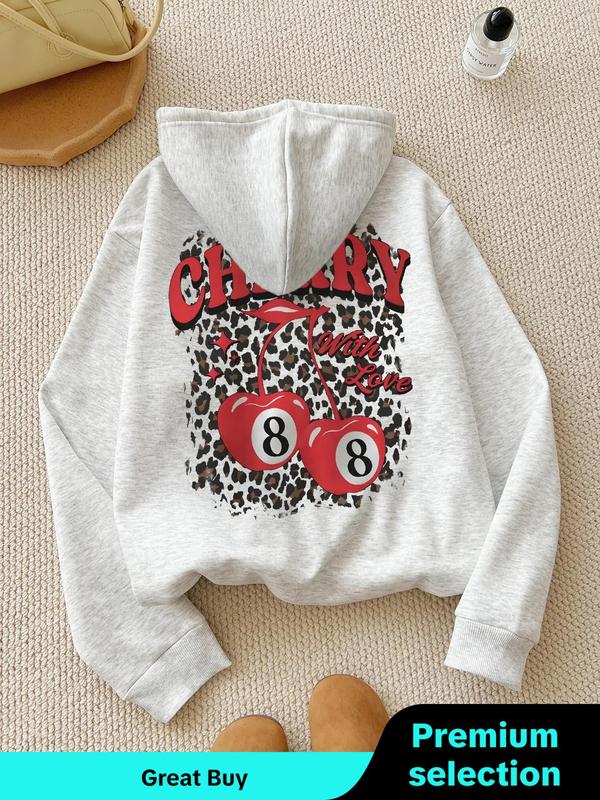 Women's Cherry & Letter & Leopard Print Drawstring Pocket Thermal Lined Hoodie, Fashion Casual Long Sleeve Hooded Sweatshirt for Daily Holiday Outdoor Wear, Women Clothing for Fall & Winter