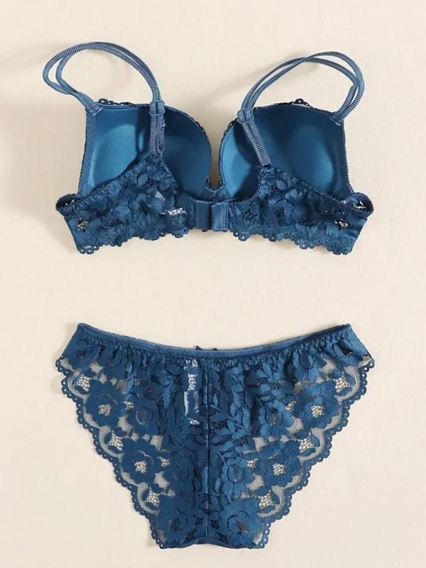 Two-Piece Set Women's Adjustable Strap Lace Bra & Bow Front Panty Set, Solid Color Push Up Lingerie Set, Soft Comfortable Breathable Underwear Set for Daily Wear