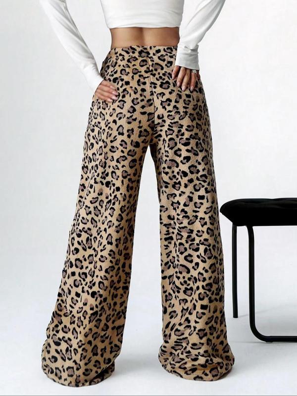 Women's Leopard Print Bow Decor Elastic Waist Wide Leg Pants, Casual Comfy Plush Trousers for Daily Wear, Ladies Bottoms for Fall & Winter