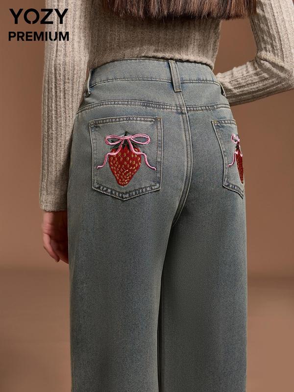 YOZY Women's Strawberry Embroidery Pocket Straight Leg Denim-Effect Print Pants, Casual Comfy Button Denim-Effect Print Trousers for Daily Wear, Ladies Bottoms for All Seasons