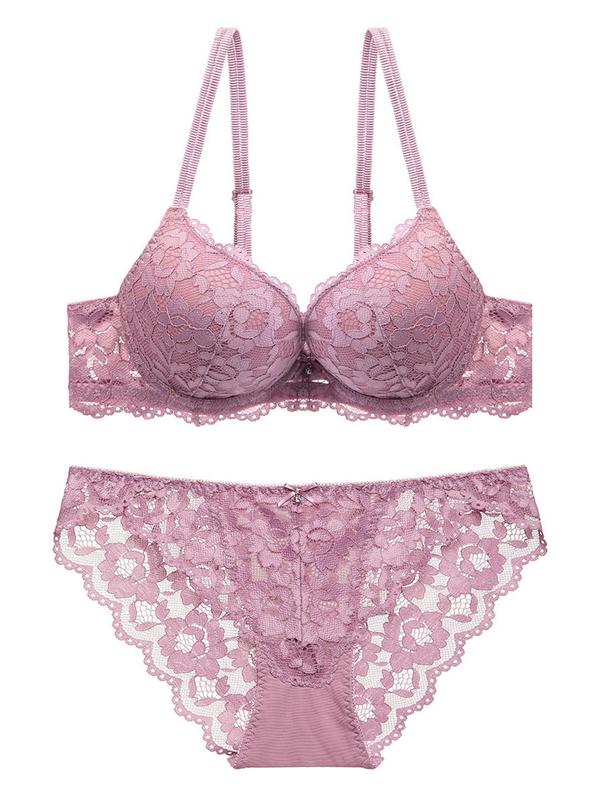 Two-Piece Set Women's Adjustable Strap Lace Bra & Bow Front Panty Set, Solid Color Push Up Lingerie Set, Soft Comfortable Breathable Underwear Set for Daily Wear