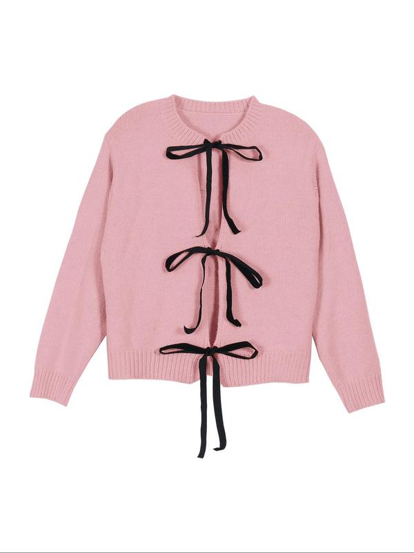 Women's Plain Bow Tie Front Drop Shoulder Cardigan, Casual Long Sleeve Round Neck Knitwear for Fall & Winter, Women's Knit Clothing for Daily Wear