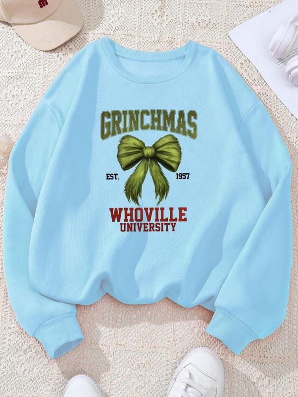 Women's Bowknot Print Crew Neck Sweatshirt, Casual Long Sleeve Pullover for Fall & Winter, Women's Clothes for Daily Wear