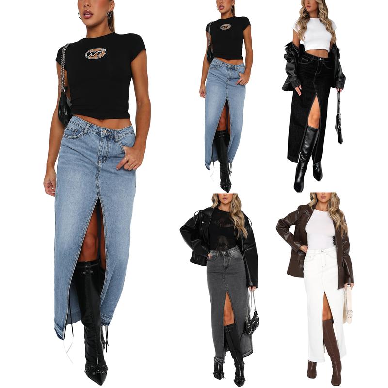 Women Sexy Casual Denim Skirt High Waist Split Front Long Jean Skirts Midi Length A Line Pencil Skirts