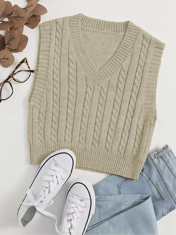 Women's Textured V Neck Sweater Vest, Casual Solid Color Sleeveless Knit Top for Spring & Fall, Fashion Women's Knitwear for Daily Wear