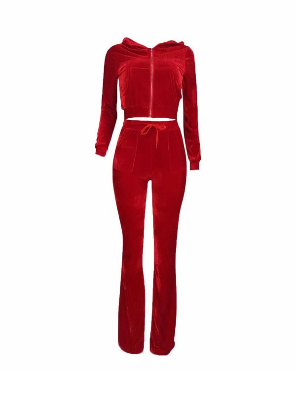Women's Solid Zip Up Hoodie & Drawstring Waist Pants Velvet Two-piece Set, Casual Long Sleeve Hooded Sweatshirt & Pocket Trousers for Fall & Winter, Women's Clothes for Daily Wear