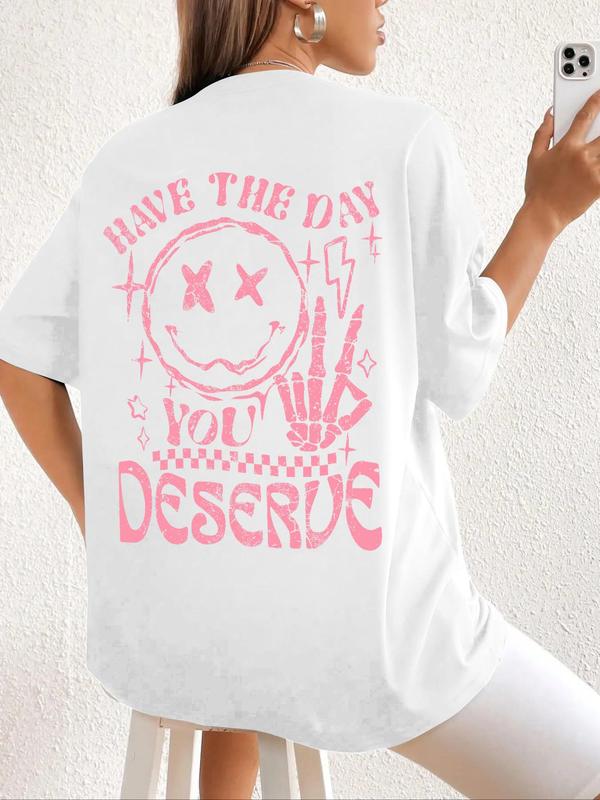 Women's Cartoon & Letter Print Drop Shoulder Tee, Fashion Casual Crew Neck T-shirt for Daily Holiday Vacation Outdoor Wear, Summer Outfits, Back To School Graphic Tees, Ladies Teen Girls Clothes Tops, Summer Tees