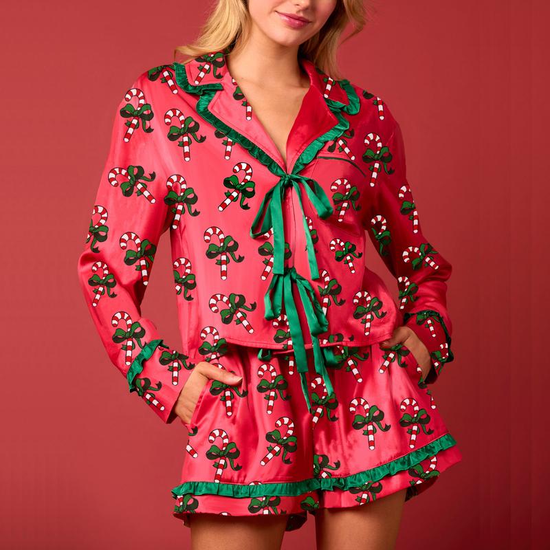 Women Christmas Pajamas Set 2 Pieces Loungewear Suits Candy Cane Cocktail Glasses Print Shirts Tops and Shorts Sleepwear Outfits