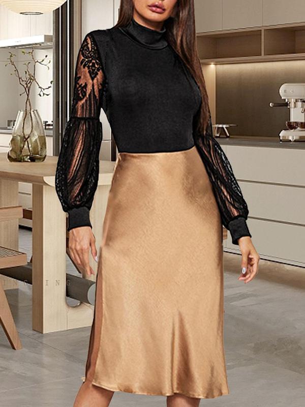 Women's Chic Plain Contrast Lace Sheer Bishop Sleeve Long Sleeve Fitted Bodysuit, Womenswear Tops, Minimalist Basic Comfort Elegant High Neck Bodysuit