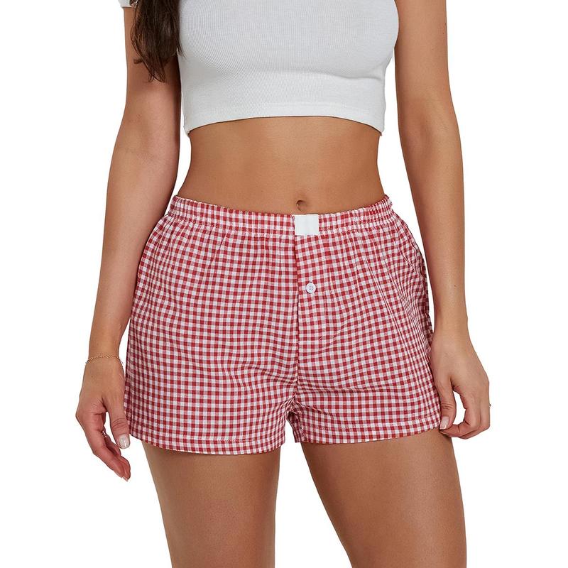 Women’s Plaid Print Shorts Elastic Low Waist Button Front Lounge Shorts Boxers Streetwear Fabric Womenswear Bottom Soft Underwear Fabric Womenswear Spring Lady