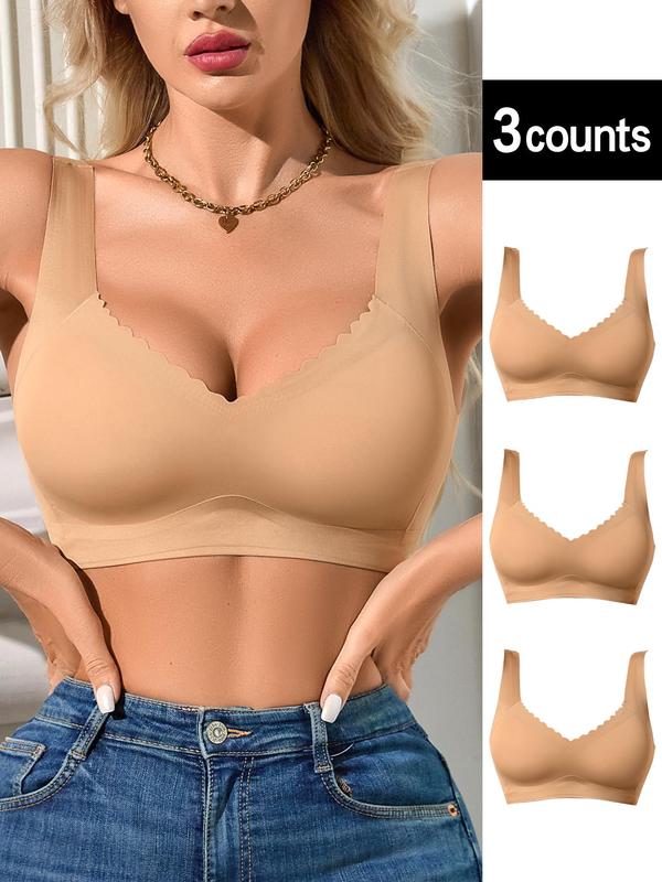 Women's Solid Scallop Trim Wireless Push Up Bra, Soft Comfy Breathable Lingerie Top for Daily Wear, Women's Lingerie for All Seasons