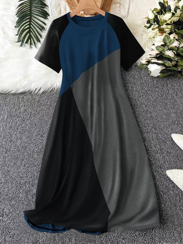  Women's Colorblock Raglan Sleeve Lounge Dress, Casual Soft Comfortable Round Neck Short Sleeve Midi Dress for Daily Home Wear, Sleepwear for All Seasons