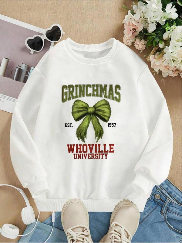 Women's Bowknot Print Crew Neck Sweatshirt, Casual Long Sleeve Pullover for Fall & Winter, Women's Clothes for Daily Wear