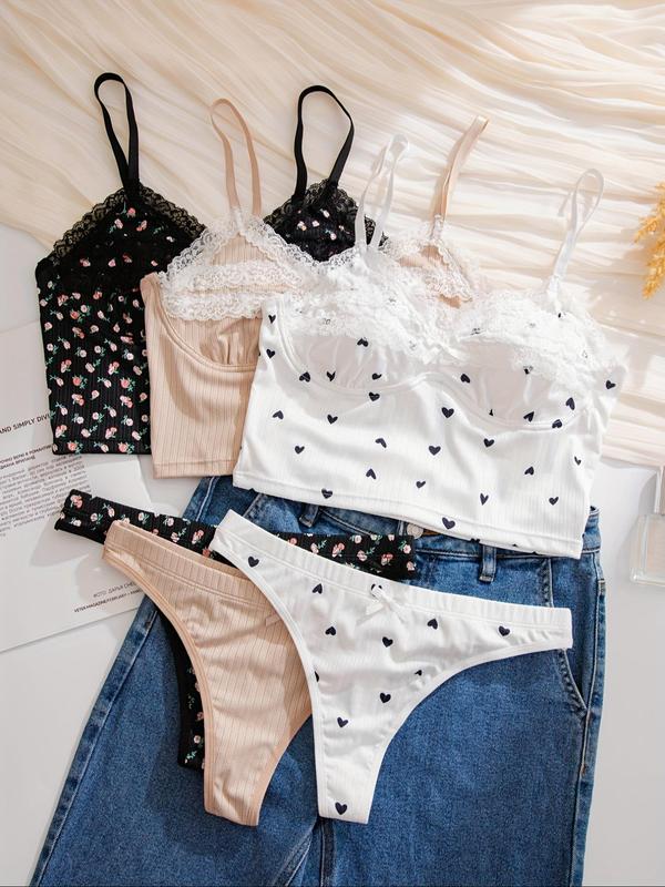 Women's 6pcs Heart & Floral Print Lace Trim Bra & Panty Set, Bow Decor Comfy Breathable Underwear Set, Ladies Underwear Set for All Seasons