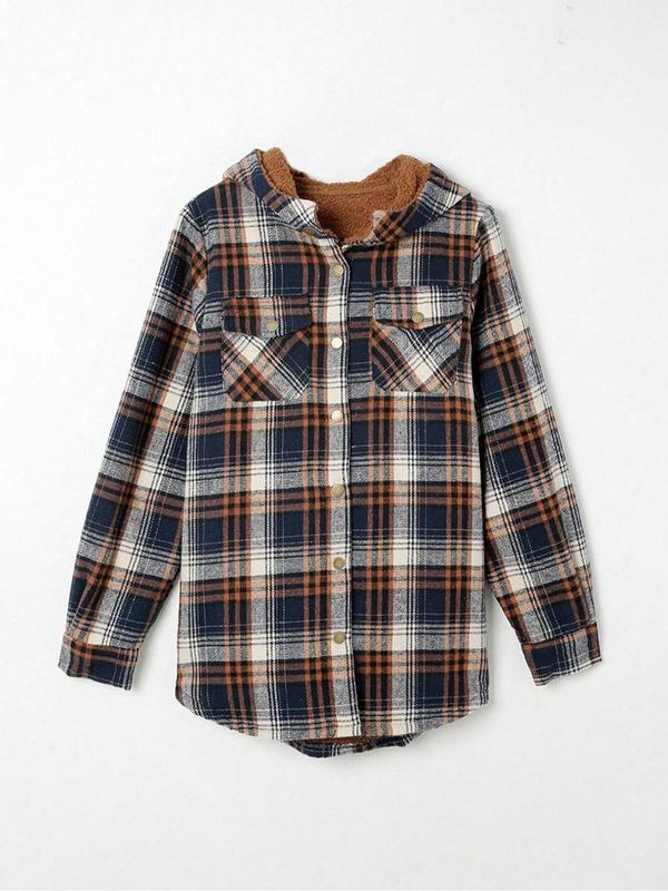 Women's Plaid Print Button Front Hooded Coat, Casual Long Sleeve Pocket Outerwear for Fall & Winter, Women's Clothing for Daily Wear