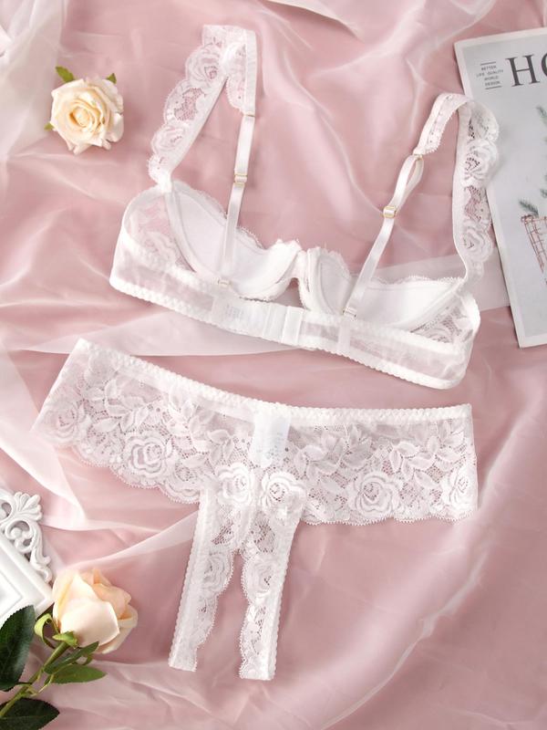 Women's Solid Bow Front Sheer Lace Bra & Thong  Set, Sexy Adjustable Strap Lingerie Set, Women's Lingerie & Underwear