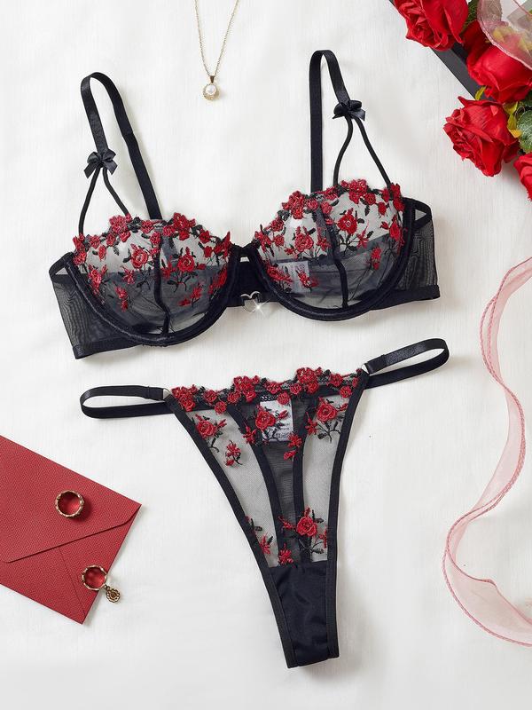 Women's Floral Embroidery Sheer Sexy Lingerie Set, Adjustable Strap Backless Bra & Thong Set, Lingerie Set for Women