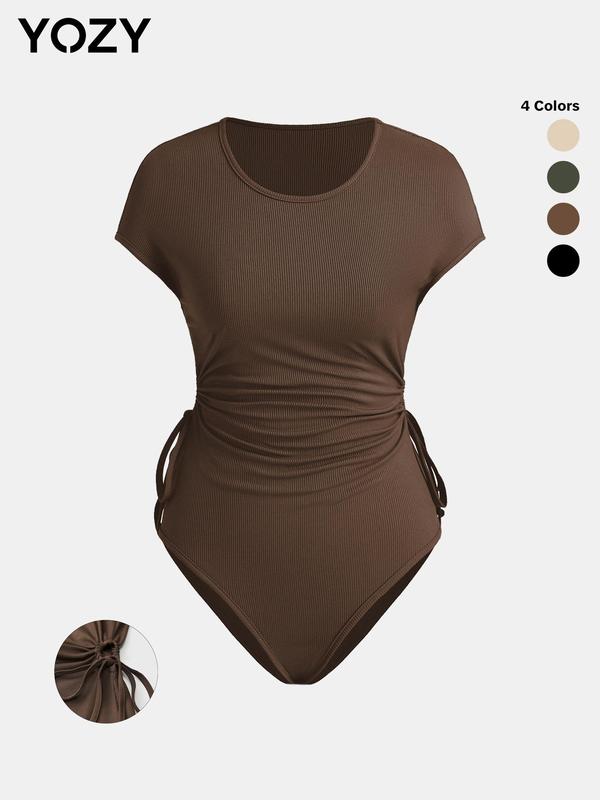 YOZY [2 Colors] Ruched Drawstring Ribbed Bodysuit   Women's Batwing Sleeve Round Neck Bodysuit, 2024 Women's Daily Wear for All Seasons