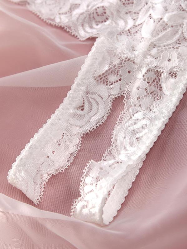 Women's Solid Bow Front Sheer Lace Bra & Thong  Set, Sexy Adjustable Strap Lingerie Set, Women's Lingerie & Underwear