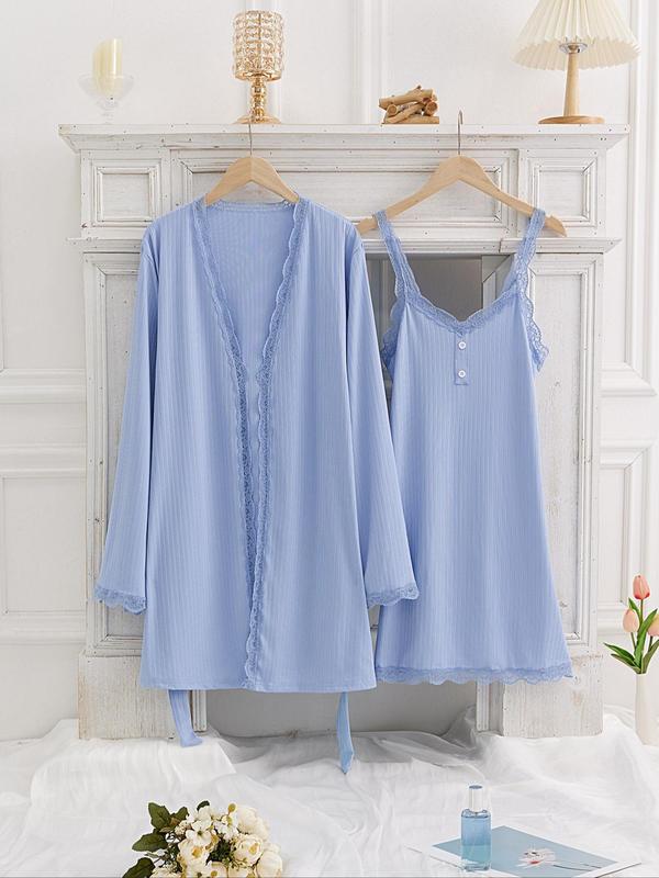 2 Counts Women's Striped Contrast Lace Belted Robe & Cami Nightdress Two-piece Set, Elegant Long Sleeve Robe & Button Front Nightgown, Ladies Sleepwear & Loungewear for All Seasons, 2 Piece Sets Women, Minimalist PJ Sets for Women，Fall Clothes