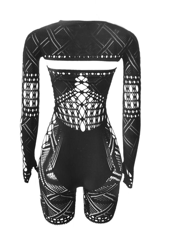 Women's Plain Cut Out O-ring Sheer Bodycon Romper, Casual Long Sleeve Round Neck Romper for Daily Wear, Ladies Clothes for All Seasons, Rompers for Women, Summer Outfits 2024, Sexy Outfits for Women