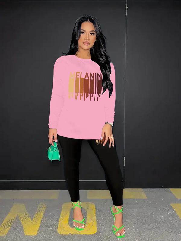 Two-Piece Set Women's Graphic Print Long Sleeve Tee & Skinny Pants Set, Casual Round Neck T-shirt & Trousers, Spring & Fall Clothes, Women's Co-ord Sets Pants For Women