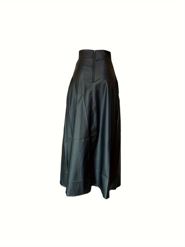  Solid Split Thigh Zipper Back PU Leather Skirt, Elegant Fashion High Waist Long Skirt for Party Club Dating, Women's Clothing for All Seasons