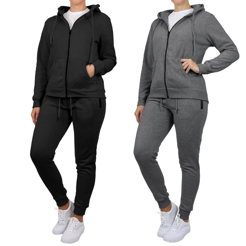 2-Pack Women's Loose Fit Fleece-Lined Full Zip Hoodie & Jogger 2-Piece Set