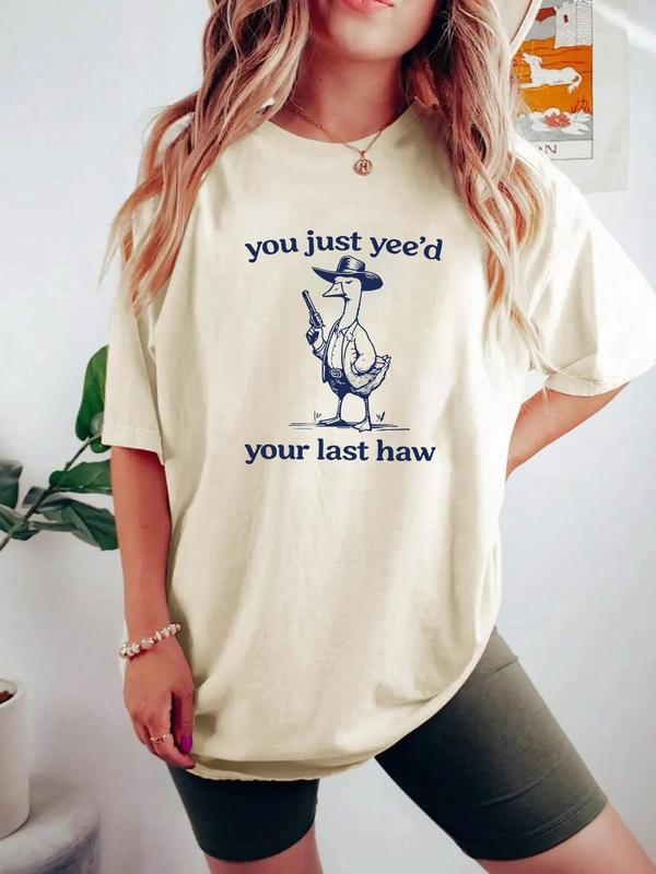 Women's Cartoon Duck & Letter Print Drop Shoulder Tee, Casual Half Sleeve Round Neck T-Shirt, Women's Top for Daily Wear, Graphic Tees, T Shirts for Women, Tops for Women, Black Girl Outfits